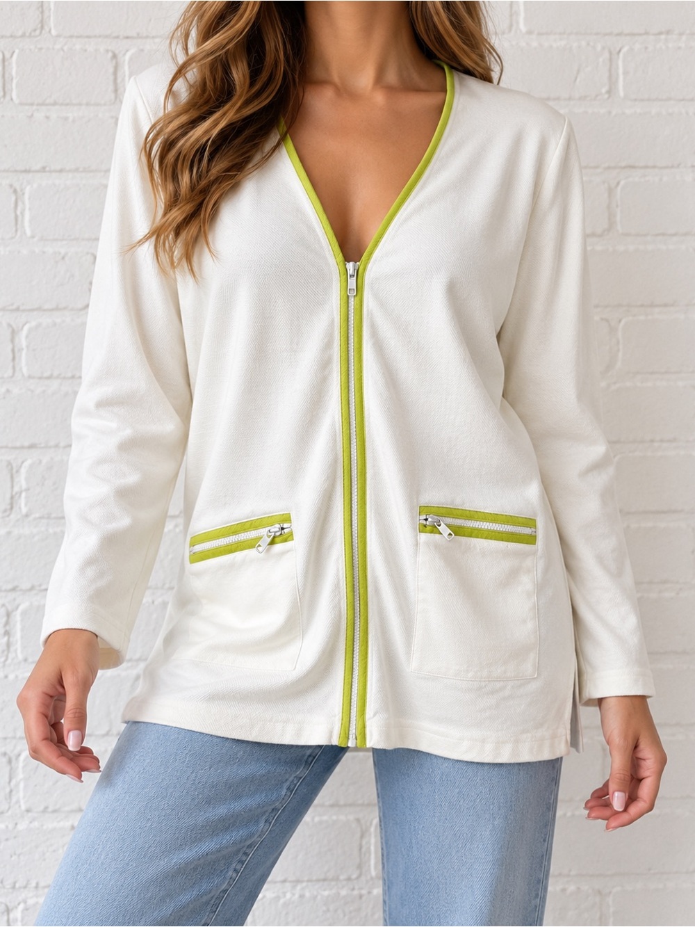 Vintage 90s Richard Sport White Green Trim Zip Jacket M Made in Canada